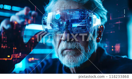 An elderly man engages with futuristic technology. The concept of how technology bridges generational gaps and enhances accessibility for all ages. Generative AI. An elderly man engages with futuristic technology. The concept of how technology bridges generational gaps and enhances accessibility for all ages. Generative AI. 118233868