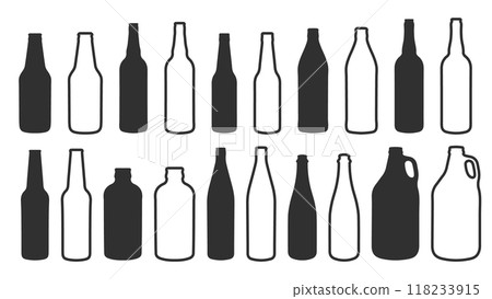 Outline stroke Glass beer bottle shapes icon shape symbol set.  Wine, whiskey, rum, liquor bottles. Vector illustration image. Isolated on white background.	 118233915