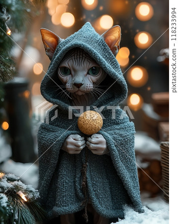 Sphynx cat wearing a hooded cloak, standing in a magical snowy setting with bokeh lights 118233994