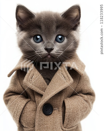 Close-up of a gray cat in a beige coat against a white background Close-up of a gray cat in a beige coat against a white background 118233995