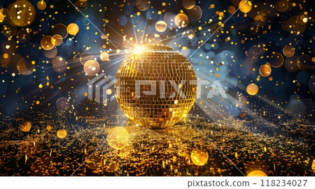Golden disco party poster featuring a shimmering mirror ball and confetti 118234027