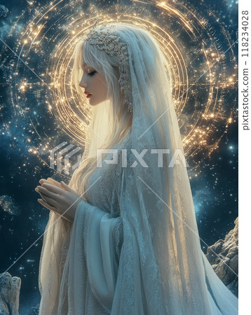 Artistic depiction of Virgo zodiac sign featuring a mystical woman surrounded by celestial elements 118234028