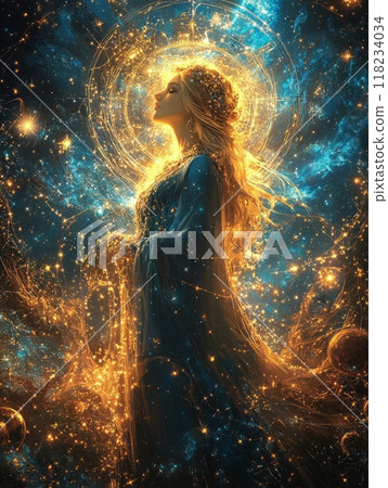 Artistic depiction of Virgo zodiac sign featuring a mystical woman surrounded by celestial elements 118234034