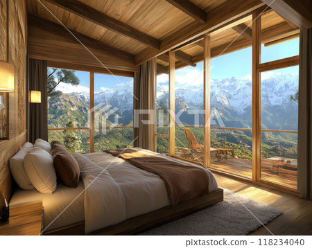 Cozy wooden bedroom with large window offering a stunning mountain view. Cozy wooden bedroom with large window offering a stunning mountain view. 118234040