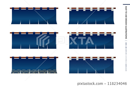 Japanese blue noren curtain material that can be used for New Year's, New Year's greetings, summer food and drink promotions, etc. Japanese-style noren curtain vector illustration 118234046