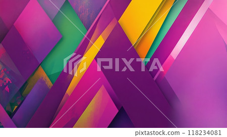 Bold geometric abstract design with vibrant colors and sharp lines in a modern, dynamic layout. 118234081
