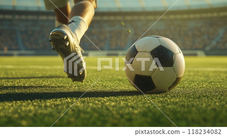 Soccer player kicking a ball in a stadium during a match, close-up action shot 118234082