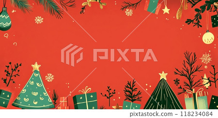 Christmas-themed red background with green gifts, pine branches, and festive decorations Christmas-themed red background with green gifts, pine branches, and festive decorations 118234084