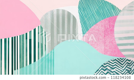 Colorful abstract design with geometric shapes and striped patterns in pastel tones. Colorful abstract design with geometric shapes and striped patterns in pastel tones. 118234108