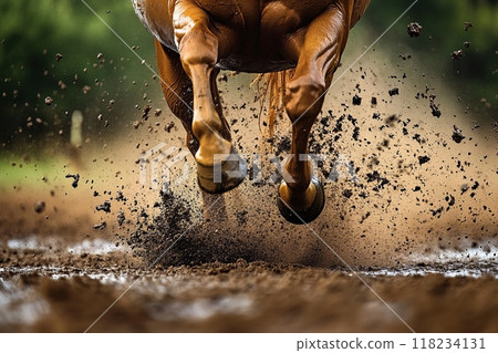 Close-up of a horse's legs galloping through muddy terrain. Close-up of a horse's legs galloping through muddy terrain. 118234131