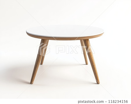 Simple and elegant wooden round table with clean lines and natural finish. Simple and elegant wooden round table with clean lines and natural finish. 118234156