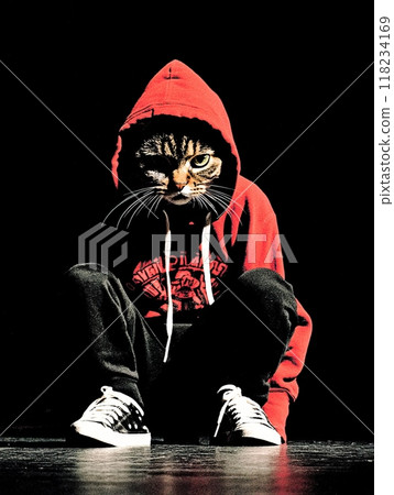 Cat wearing a red hoodie and sneakers, sitting in a dark, edgy urban style. Cat wearing a red hoodie and sneakers, sitting in a dark, edgy urban style. 118234169