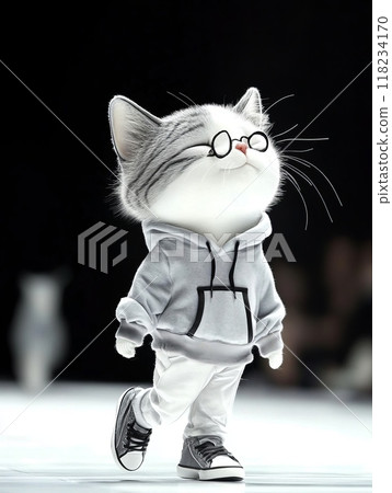 A cute gray kitten wearing glasses and a gray hoodie, confidently strutting down the runway. A cute gray kitten wearing glasses and a gray hoodie, confidently strutting down the runway. 118234170