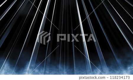 Dark abstract scene with sharp, converging light beams and a mysterious smoky atmosphere. 118234173
