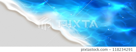 Sea blue water wave with white foam on beach. Sea blue water wave with white foam on beach. 118234291