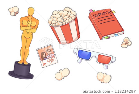 Oscar award and popcorn, movie icon vector set 118234297