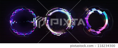 Neon glitch effect circle. Digital ring frame Neon glitch effect circle. Digital ring frame 118234300