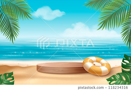 Minimal sea or ocean product podium with palm leaf 118234316