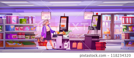 Woman in supermarket with self checkout kiosk 118234320