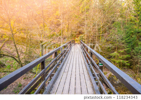 Mezni Bridge spans the Kamenice River in Bohemian Switzerland National Park, surrounded by colorful autumn trees and warm sunlight filtering through the foliage. Mezni Bridge spans the Kamenice River in Bohemian Switzerland National Park, surrounded by colorful autumn trees and warm sunlight filtering through the foliage. 118234343