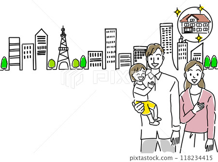 考慮買房的家庭和城市景觀的粗手繪圖 118234415