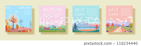 A collection of four square vector posters, each depicting an autumn-themed illustration. The designs include landscapes, foliage, and seasonal elements in a flat, pastel-toned style, perfect for 118234440