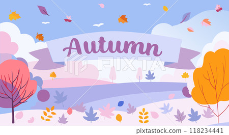 A vibrant vector illustration of an autumn landscape featuring colorful trees, falling leaves, and a banner with the word Autumn. Perfect for seasonal designs and fall-themed projects. 118234441