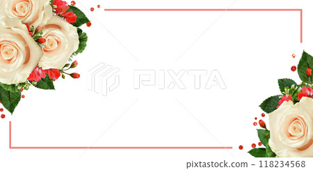 Cream roses and red geranium flowers in a floral corner arrangements with glotter confetti and coral frame isolated on white or transparent background 118234568