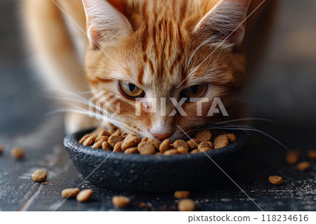 Red cat is eating dry food from a bowl Red cat is eating dry food from a bowl 118234616