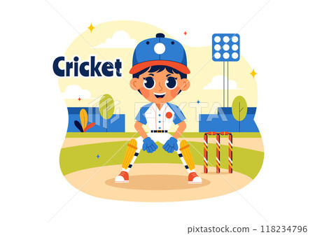 Batsman Playing Cricket Vector Illustration with Bat and Ball on the Field for Championship Tournament League In a Flat Style Cartoon Background 118234796