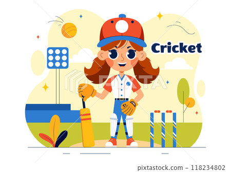 Batsman Playing Cricket Vector Illustration with Bat and Ball on the Field for Championship Tournament League In a Flat Style Cartoon Background 118234802