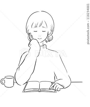 女人讀咖啡線畫黑色 118234881