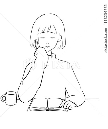 Woman reading coffee line drawing black bob 118234883