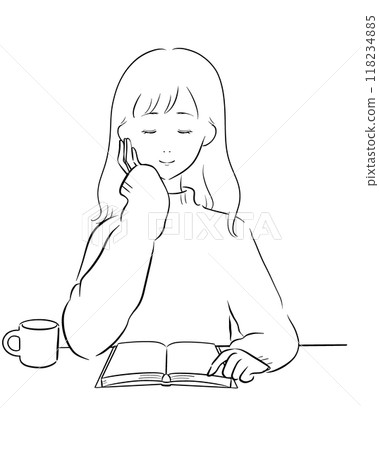 女人讀咖啡線畫黑色長髮 女人讀咖啡線畫黑色長髮 118234885