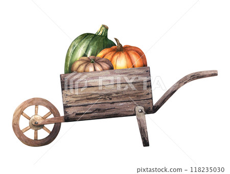 Antique rustic old wooden wheelbarrow with classic autumn vegetables pumpkins. Hand drawn horticultural sundry. Watercolor illustration isolated on white background. For clip art posters flyers Antique rustic old wooden wheelbarrow with classic autumn vegetables pumpkins. Hand drawn horticultural sundry. Watercolor illustration isolated on white background. For clip art posters flyers 118235030
