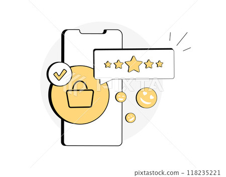 Customer satisfaction concept. Five-star feedback rating, happy consumer leaving positive review. Customer leaves positive feedback after ordering product or service. Isolated Vector illustration 118235221