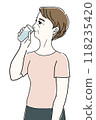 Illustration of a senior woman in profile drinking a glass of water 118235420