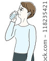 Illustration of a senior woman in profile drinking a glass of water 118235421