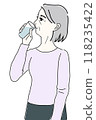 Illustration of a senior woman in profile drinking a glass of water 118235422