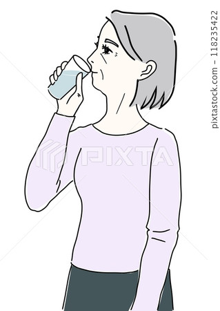 Illustration of a senior woman in profile drinking a glass of water Illustration of a senior woman in profile drinking a glass of water 118235422