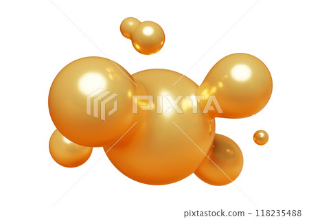 Golden abstract liquid metaball shape. 3d render illustration of fluid soft bubble blob. Organic gold decorative sphere geometric form. Morphing ball aqua drop or molecule. Flow particles. 118235488