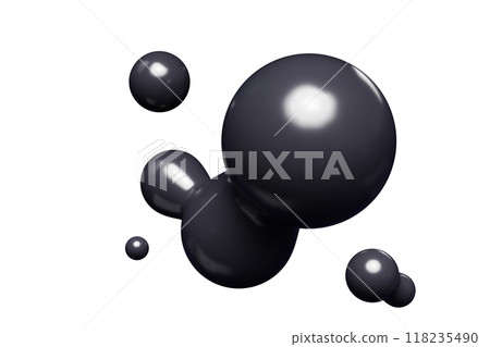 Black abstract liquid metaball shape. 3d render illustration of fluid soft bubble blob. Organic bright decorative sphere geometric form. Morphing ball aqua drop or molecule. Flow particles. 118235490