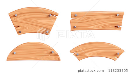 Wooden plaque set with cracks and metal nails for text box. Cartoon 3d render illustration of signboard with brown wood texture. Rustic timber plank, nameplate or board frame with fracture. 118235505