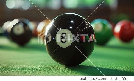 Classic black snooker ball with number eight on green billiards table. Generative AI 118235561