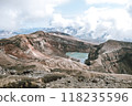 View of mountains and volcanoes from the edge of the crater 118235596