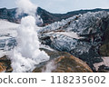 View of mountains and volcanoes from the edge of the crater 118235602