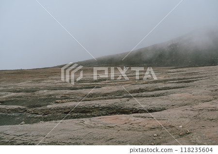 View of mountains and volcanoes from the edge of the crater 118235604