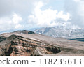 View of mountains and volcanoes from the edge of the crater 118235613