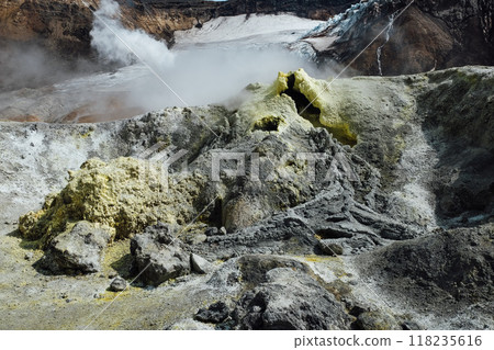 View of mountains and volcanoes from the edge of the crater 118235616