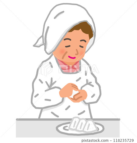 A mother in an apron makes rice balls A mother in an apron makes rice balls 118235729